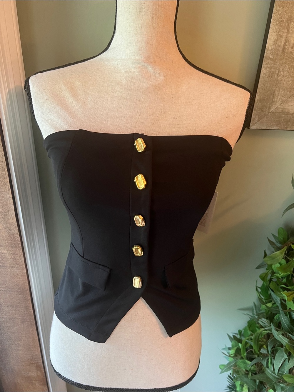 Derek Heart Black Strapless Bustier with Gold Accent Buttons
